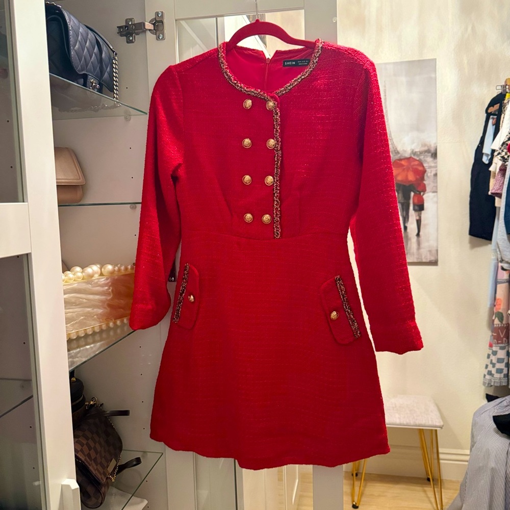 Shein Red Tweed Dress with Gold Buttons - Picture 3 of 11